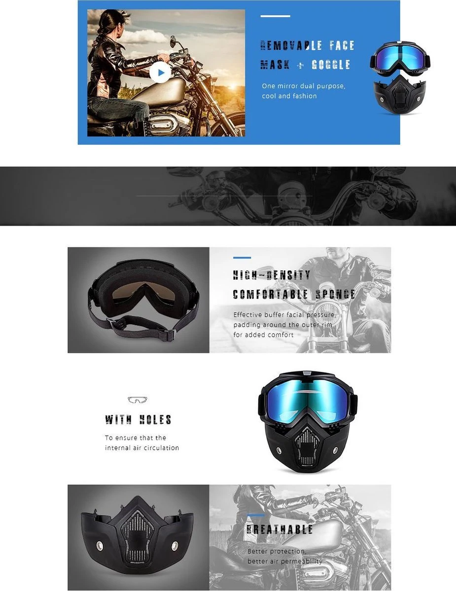 Merkloos Motor-Fiets-Scooter-Ski Bril & Masker I Anti-UV Lens I Zwart 6 Merkloos Motor-Fiets-Scooter-Ski Bril & Masker I Anti-UV Lens I Zwart - Afbeelding 4